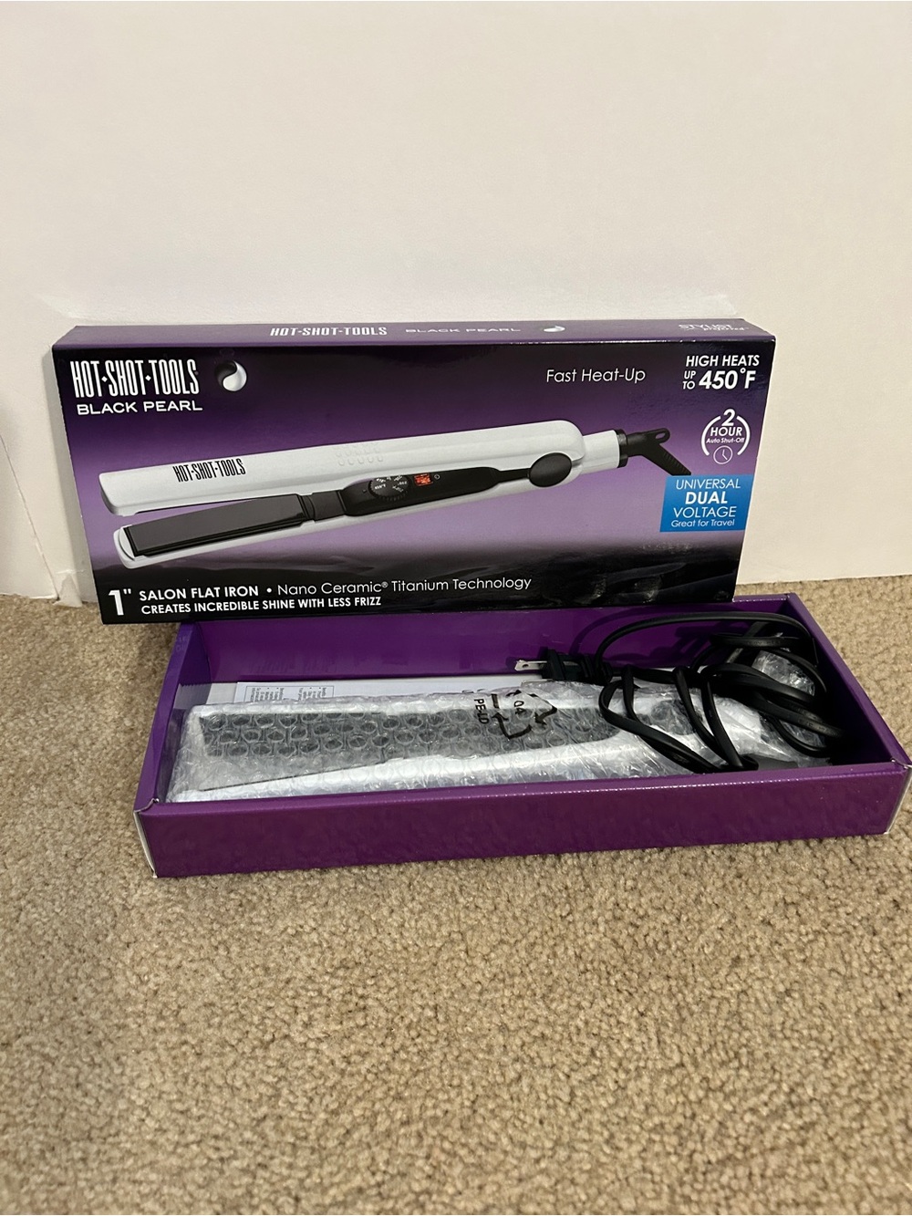 Hot Shot Tools Black Pearl 1" Flat Iron, Ceramic/Titanium, 450°F Dual Voltage